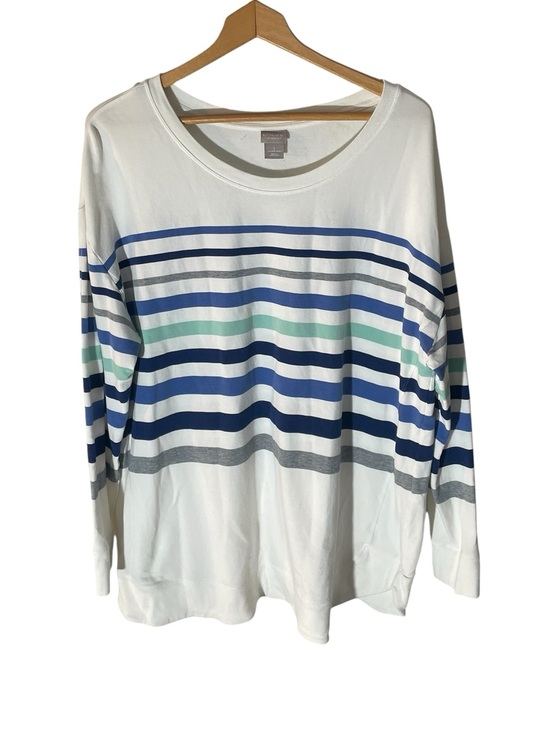 Chico's Tops - A8- Chico's White Long Sleeve Stripe Tee with Blue, Navy & Mint
